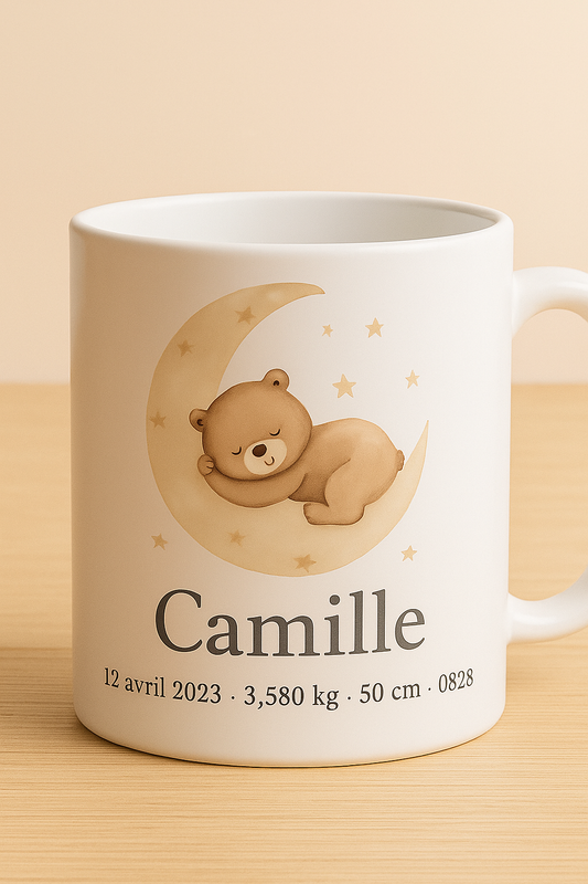 Tasse personnalisée naissance – Modèle “Ourson & Lune”
