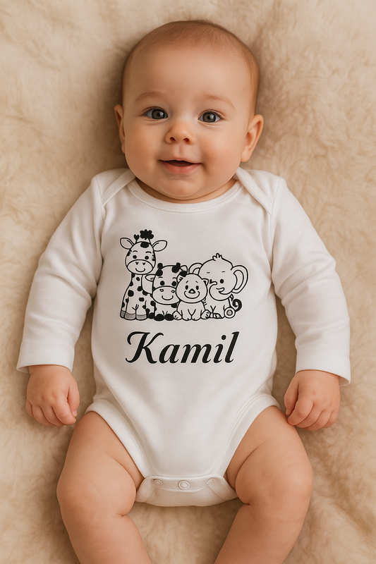 Body Bébé Personnalisé avec Prénom et Motifs Animaliers