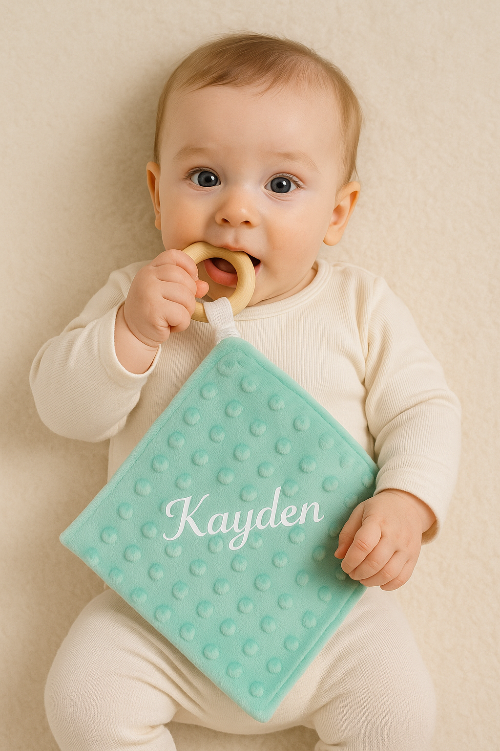 Doudou avec Anneau de Dentition en Bois - Personnalisable